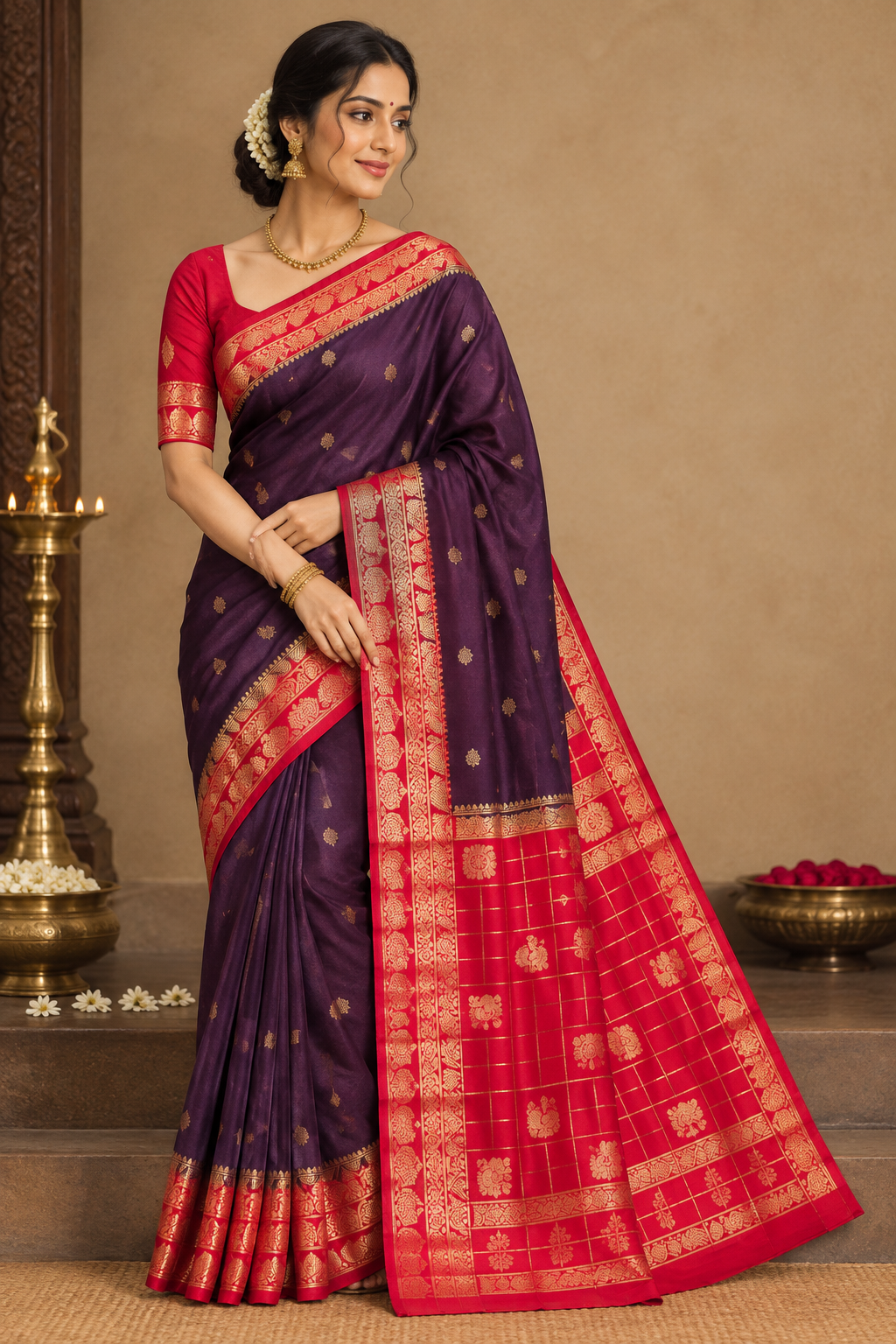 Purple and Red Combo - Semi Mysore Crep Silk Saree