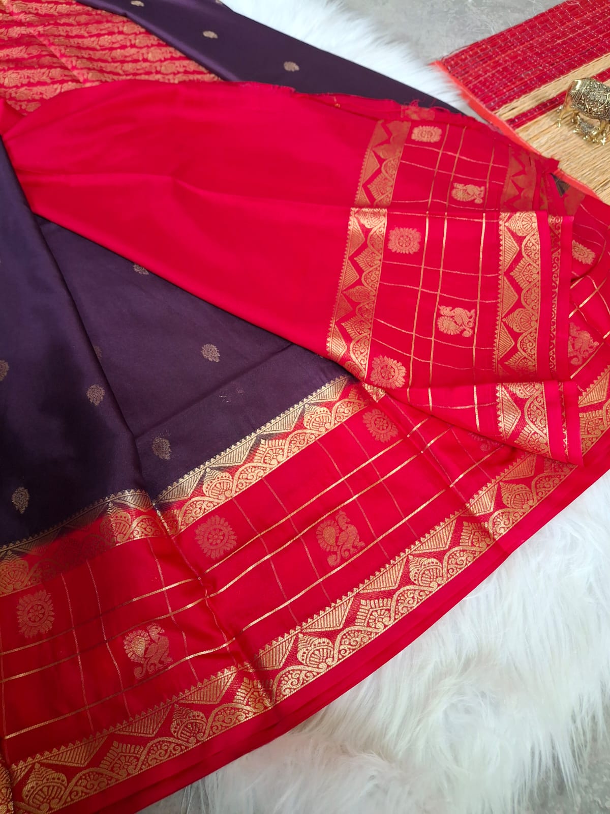 Purple and Red Combo - Semi Mysore Crep Silk Saree