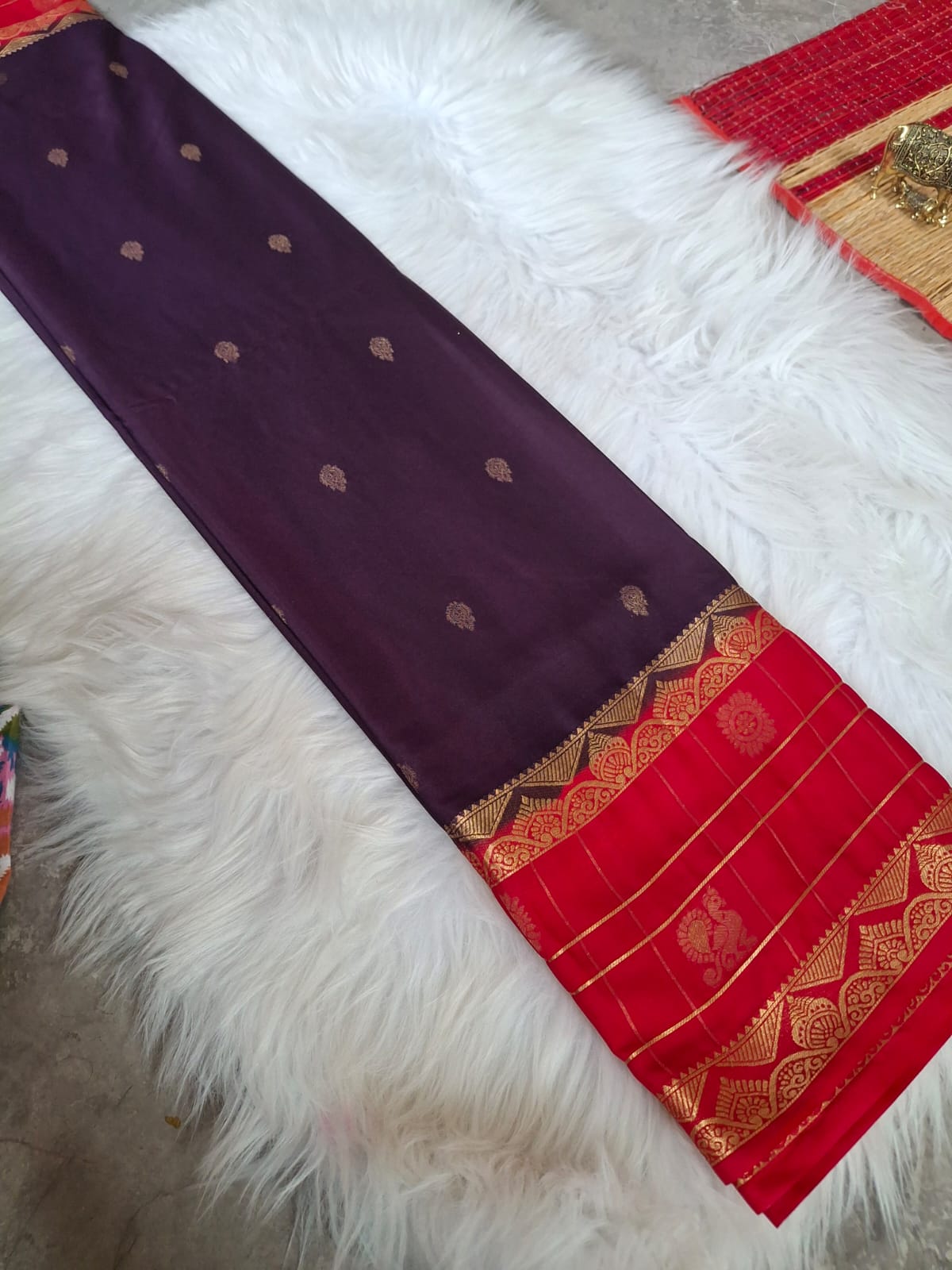 Purple and Red Combo - Semi Mysore Crep Silk Saree