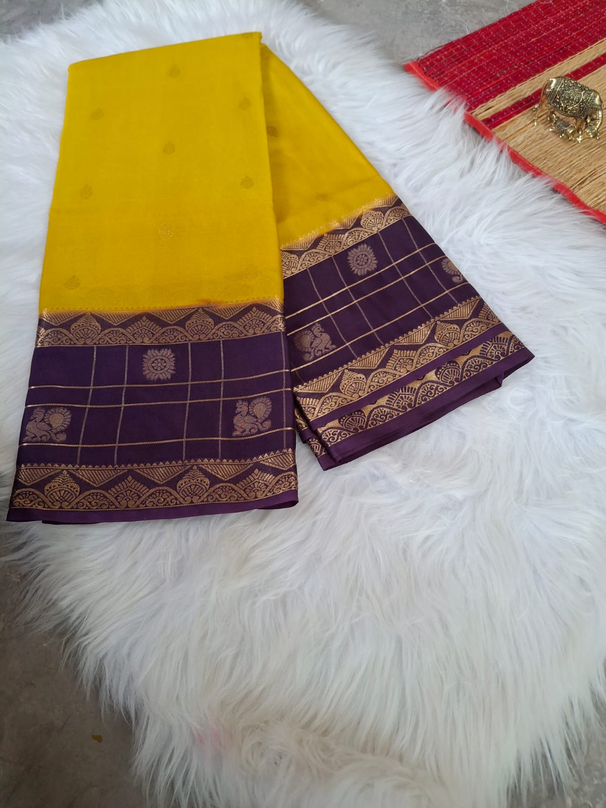 Musturd Yellow and Purple Combo - Semi Mysore Crepe Silk Saree