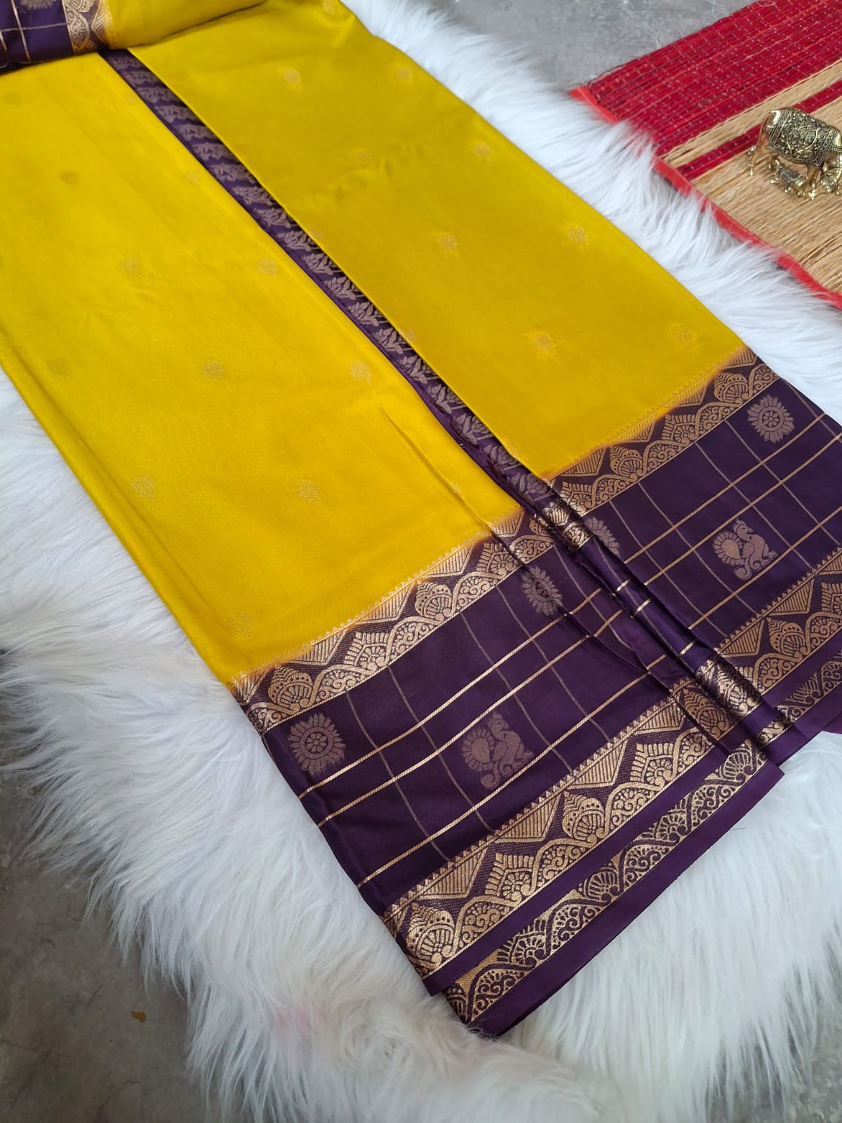 Musturd Yellow and Purple Combo - Semi Mysore Crepe Silk Saree